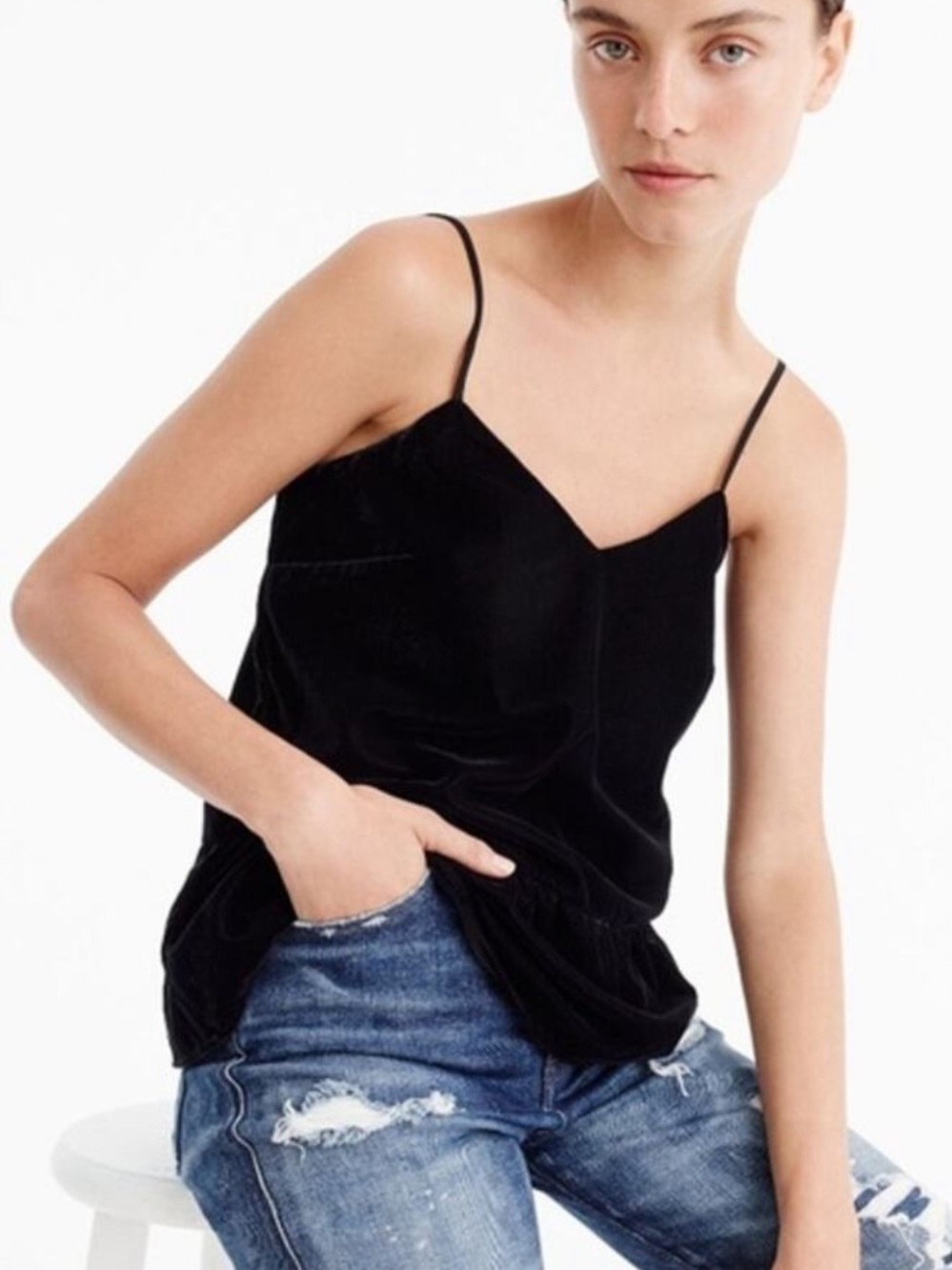 NEW J. Crew Black Velvet Peplum Hem Adjustable Strap Cami 00
